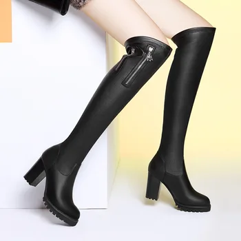 Рекомендация по бутику 2021 г. осенне-зимние высокие сапоги, новые однотонные женские ботинки с боковой молнией, толстая подошва, толстый каблук.