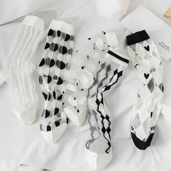 Ретро Прозрачные Японские Волнистые черно-белые Милые Чулочно-носочные изделия из хлопка для женщин средней длины