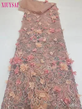 Розовая Африканская кружевная ткань с 3D бисером 2023, высококачественное Французское тюлевое сетчатое кружево для пошива свадебного платья в Нигерийском стиле