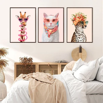 Розовый плакат с животными, Жираф, Гепард, Кошка, холст, живопись, Кавайный принт для детской, Настенные рисунки для детской комнаты, домашний декор