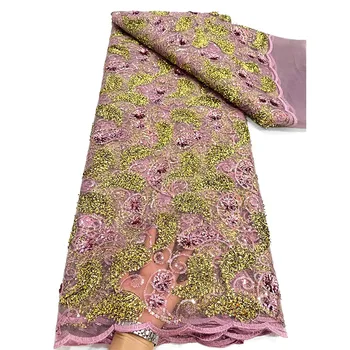 Роскошная Африканская кружевная ткань 5 Ярдов Высококачественной вышивки блестками Французский тюль Нигерийский свадебный Asoebi Материал NY023