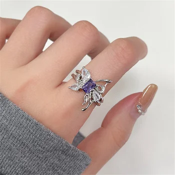 Роскошное кольцо с бабочкой из фиолетового Циркона, Изысканное Полое Открытое кольцо, Крутые Французские украшения для пальцев, Подарки для женщин Grils