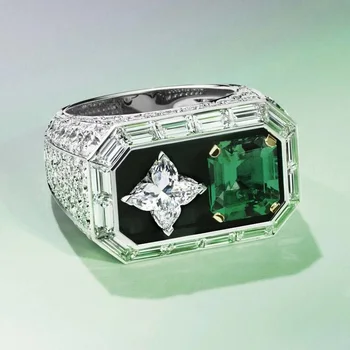 Роскошный бренд, великолепный цветок, большой кристалл, кольцо с зеленым камнем для женщин, мужская вечеринка, свадьба, серебряный цвет, модная бижутерия