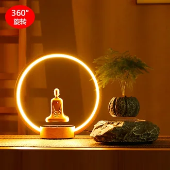 Статуя Будды с магнитной левитацией, Самовращающаяся светодиодная светоизлучающая кольцевая настольная лампа, Безликий Будда, предметы интерьера