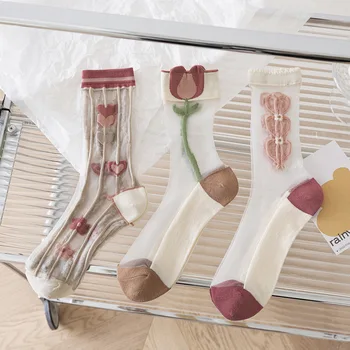 Ультратонкие прозрачные хрустальные чулки с вышитыми цветами, женские носки, летние модные ретро-носки Kawaii с цветочной вышивкой