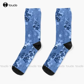 Цветок Сакуры В синих носках Носки-тапочки Мужчины Унисекс Взрослые Подростковые Молодежные носки Персонализированный Пользовательский 360 ° цифровой принт Забавный носок