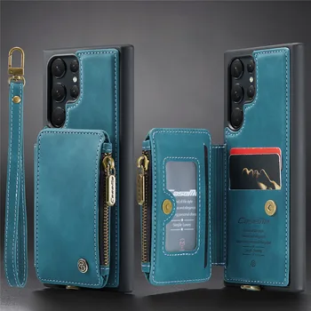 Чехол-книжка с магнитной застежкой-молнией для Samsung Galaxy S23 Ultra S22 Plus S21 S20 Note20, роскошный кожаный держатель для карт, чехол для ремешка